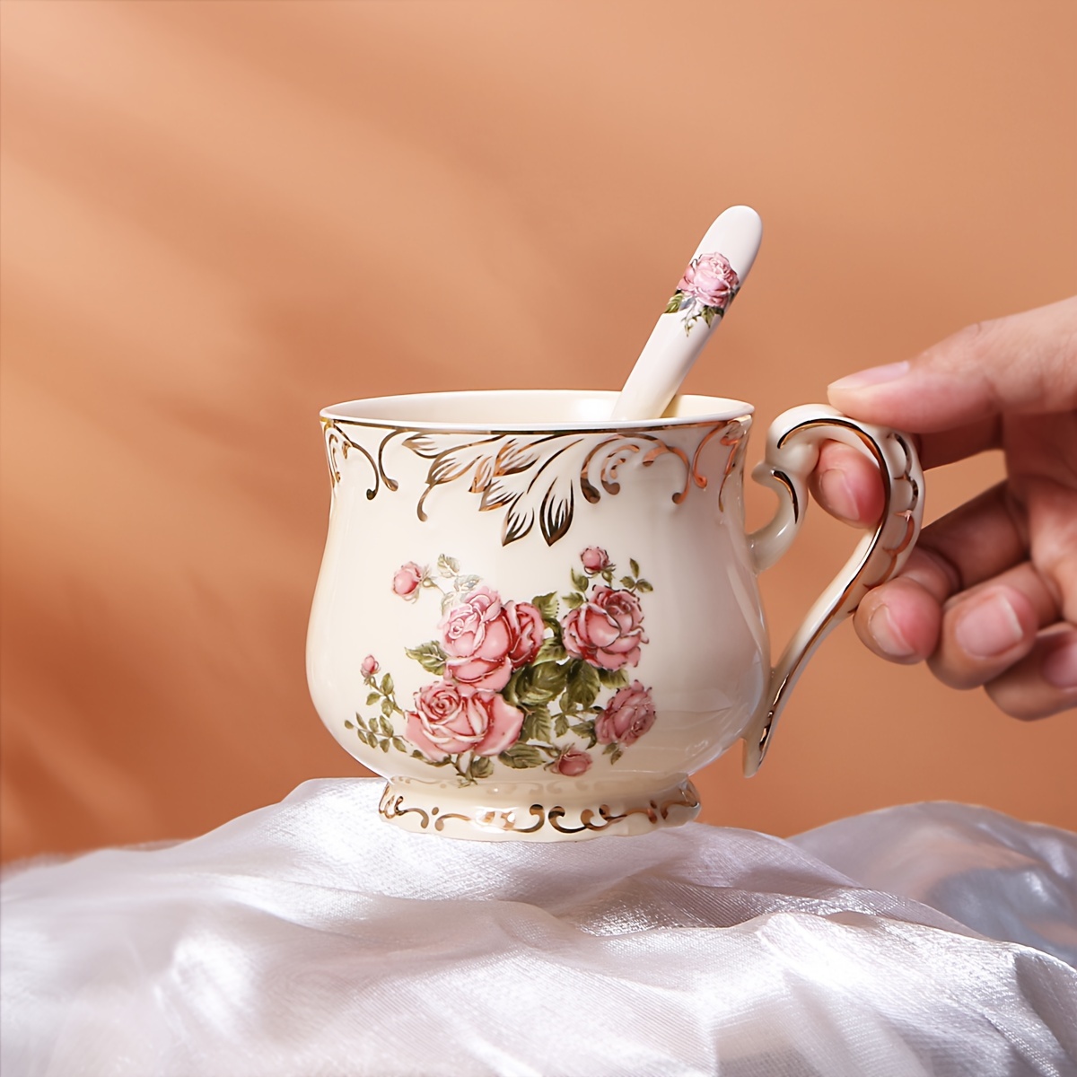 Vintage Collectible Spoons - Rose Ceramic Cup & Spoon Set